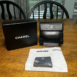 CHANEL Black Leather Wallet with Silver CC Emblem